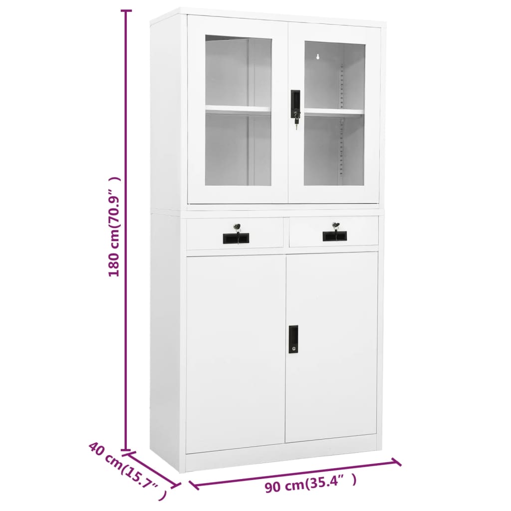 vidaXL Office Cabinet White 90x40x180 cm Steel and Tempered Glass