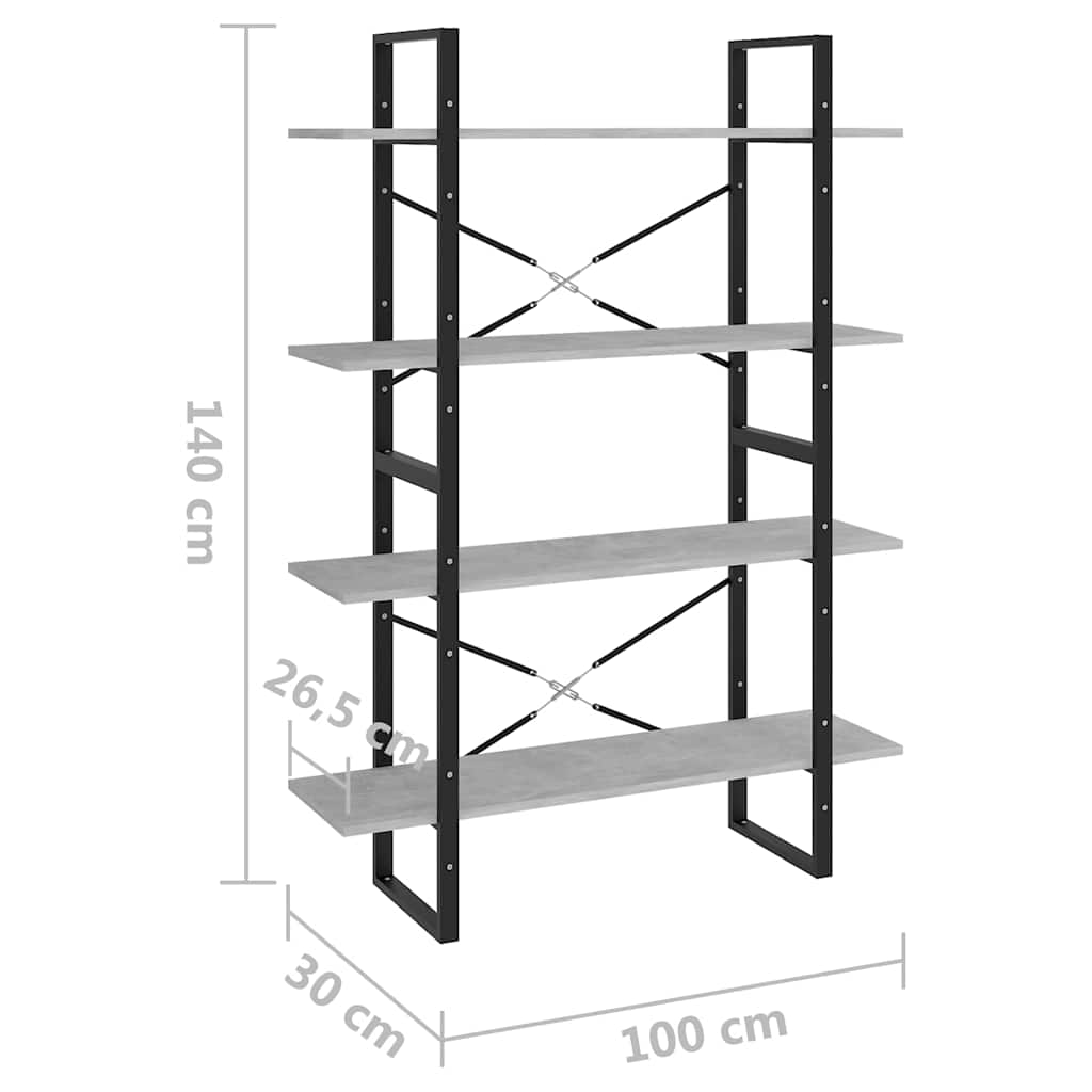 806481 vidaXL 4-Tier Book Cabinet Concrete Grey 100x30x140 cm Engineered Wood