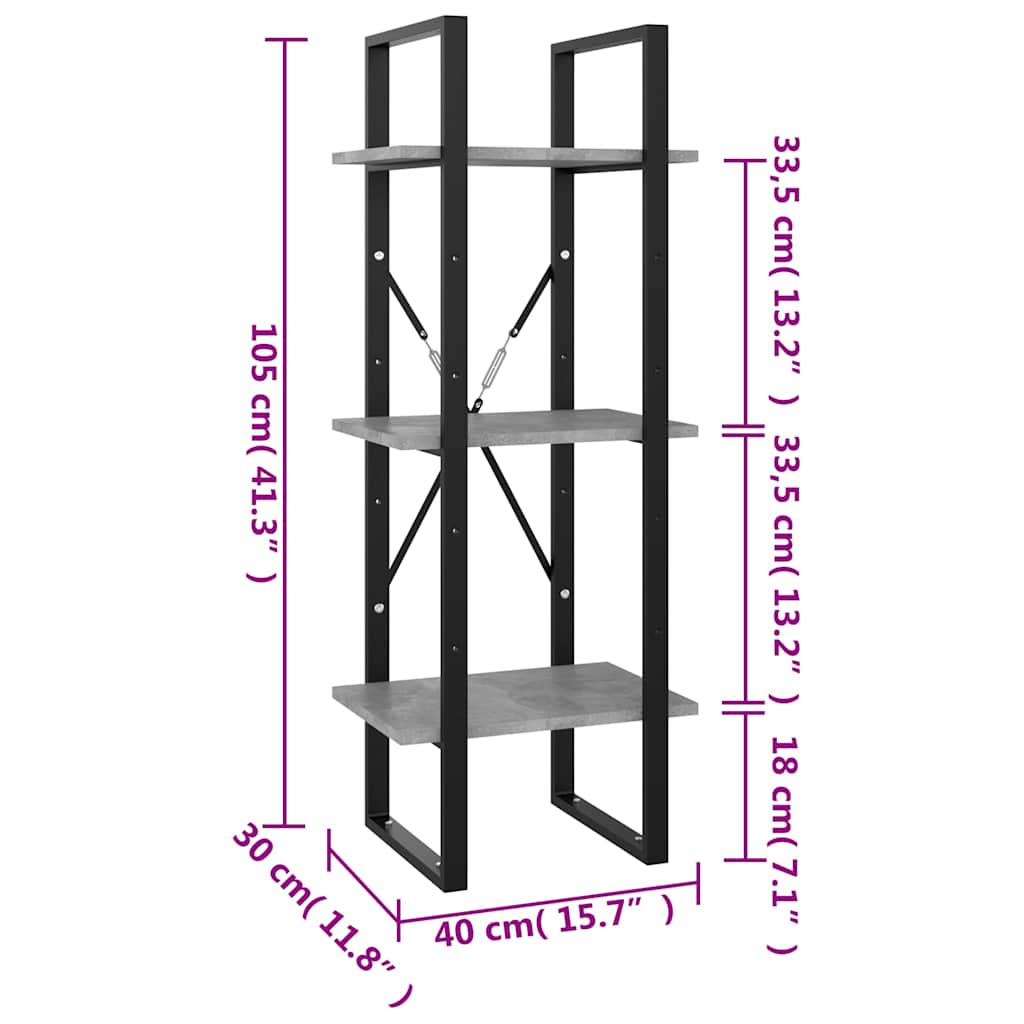 806491 vidaXL 3-Tier Book Cabinet Concrete Grey 40x30x105 cm Engineered Wood