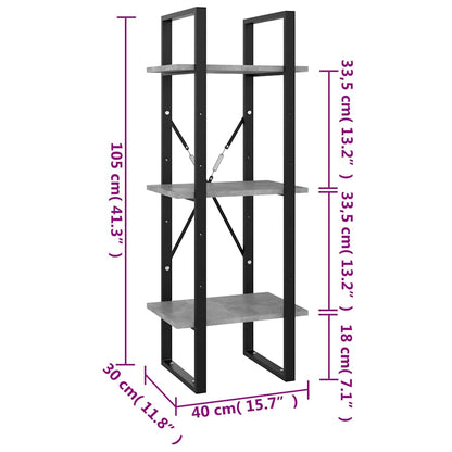 806491 vidaXL 3-Tier Book Cabinet Concrete Grey 40x30x105 cm Engineered Wood