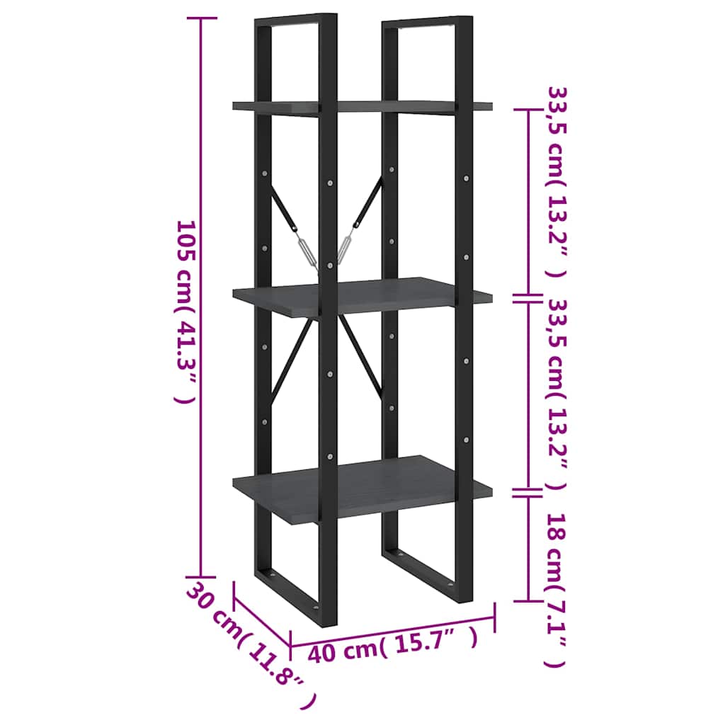vidaXL 3-Tier Book Cabinet Grey 40x30x105 cm Solid Wood Pine