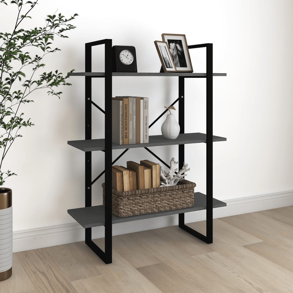 vidaXL 3-Tier Book Cabinet Grey 80x30x105 cm Solid Pine Wood
