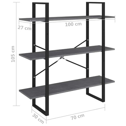 806554 vidaXL 3-Tier Book Cabinet Grey 100x30x105 cm Solid Wood Pine
