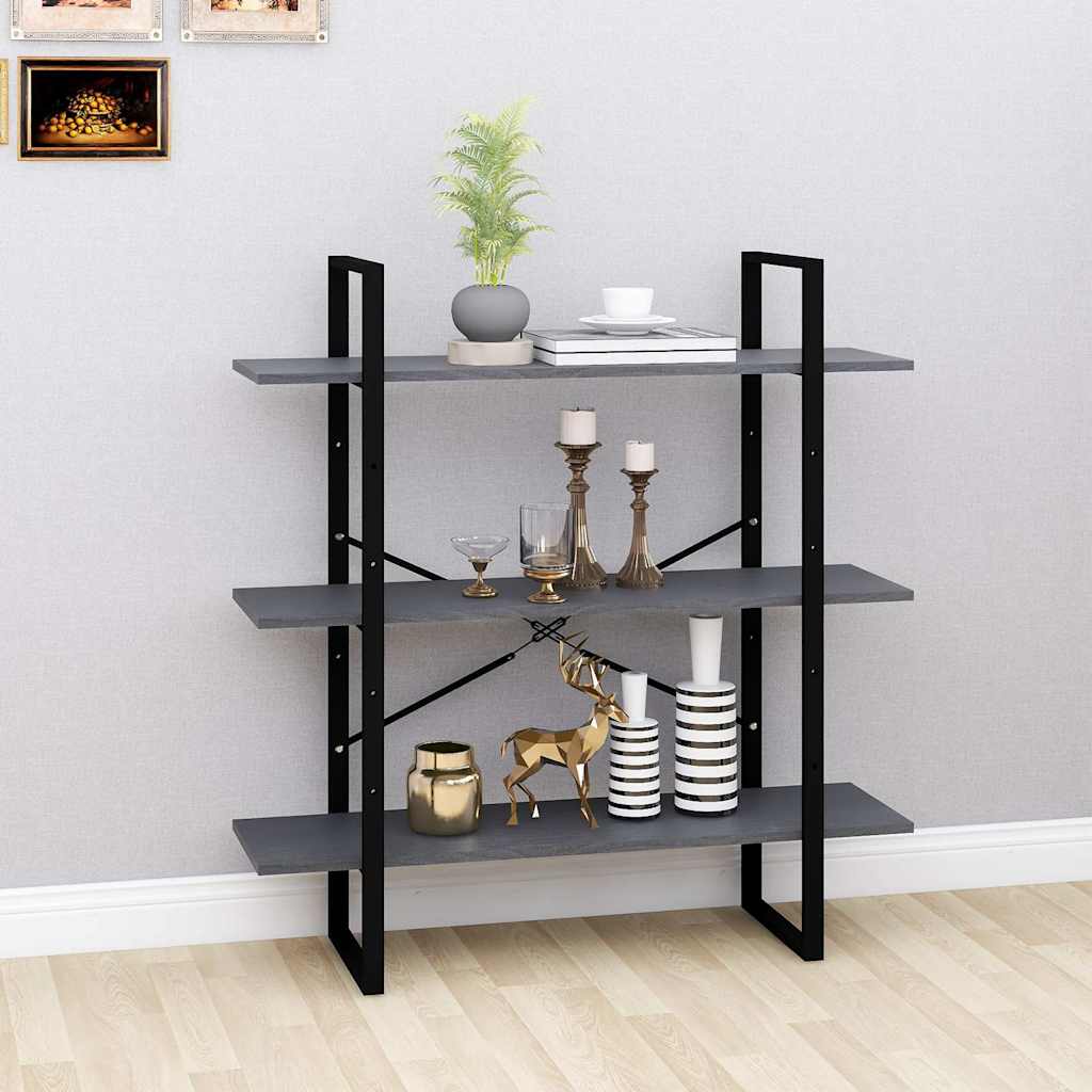 806554 vidaXL 3-Tier Book Cabinet Grey 100x30x105 cm Solid Wood Pine