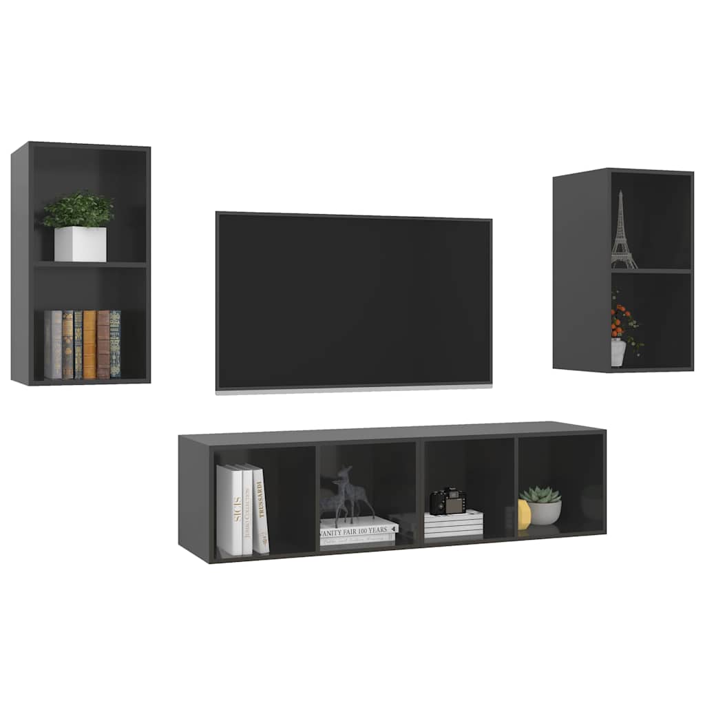 vidaXL 4 Piece Wall-mounted TV Cabinet Set High Gloss Grey Engineered Wood