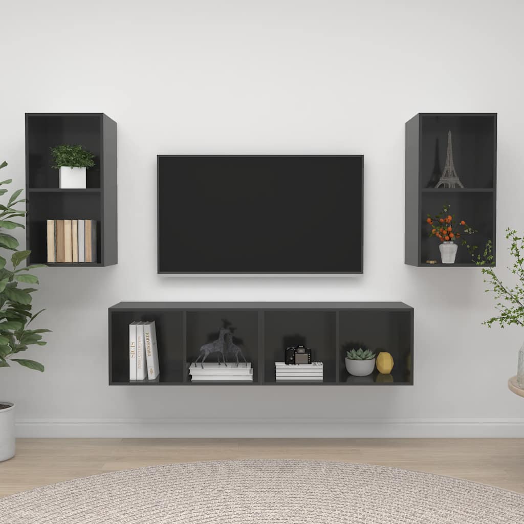 vidaXL 4 Piece Wall-mounted TV Cabinet Set High Gloss Grey Engineered Wood