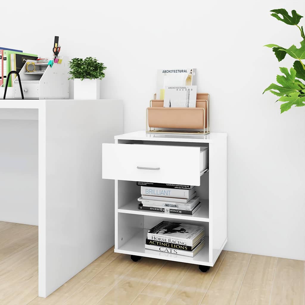 808473 vidaXL Rolling Cabinet High Gloss White 46x36x59 cm Engineered Wood
