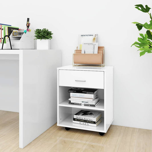 808473 vidaXL Rolling Cabinet High Gloss White 46x36x59 cm Engineered Wood