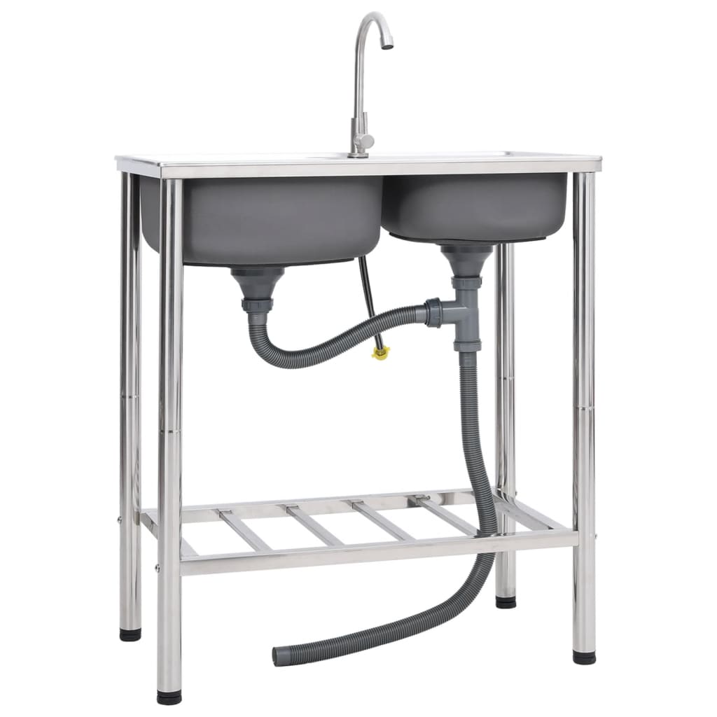 151211 vidaXL Camping Sink Double Basins with Tap Stainless Steel