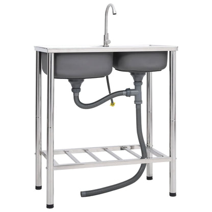151211 vidaXL Camping Sink Double Basins with Tap Stainless Steel
