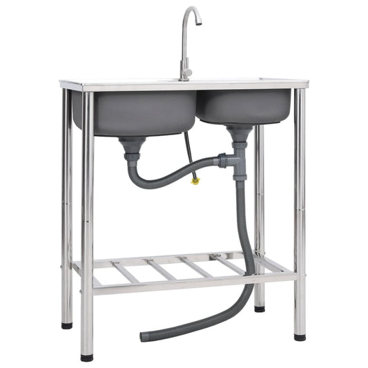 151211 vidaXL Camping Sink Double Basins with Tap Stainless Steel