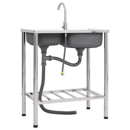 vidaXL Camping Sink Double Basins with Tap Stainless Steel