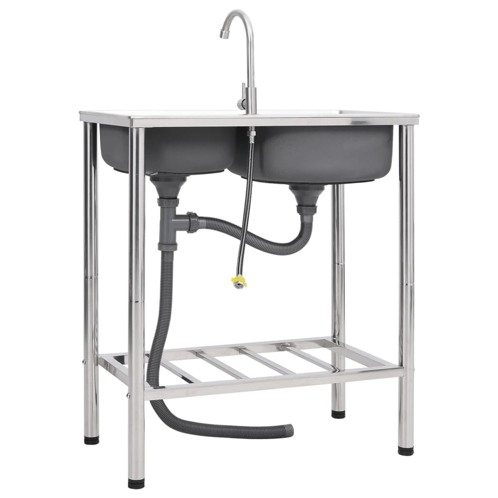 151211 vidaXL Camping Sink Double Basins with Tap Stainless Steel