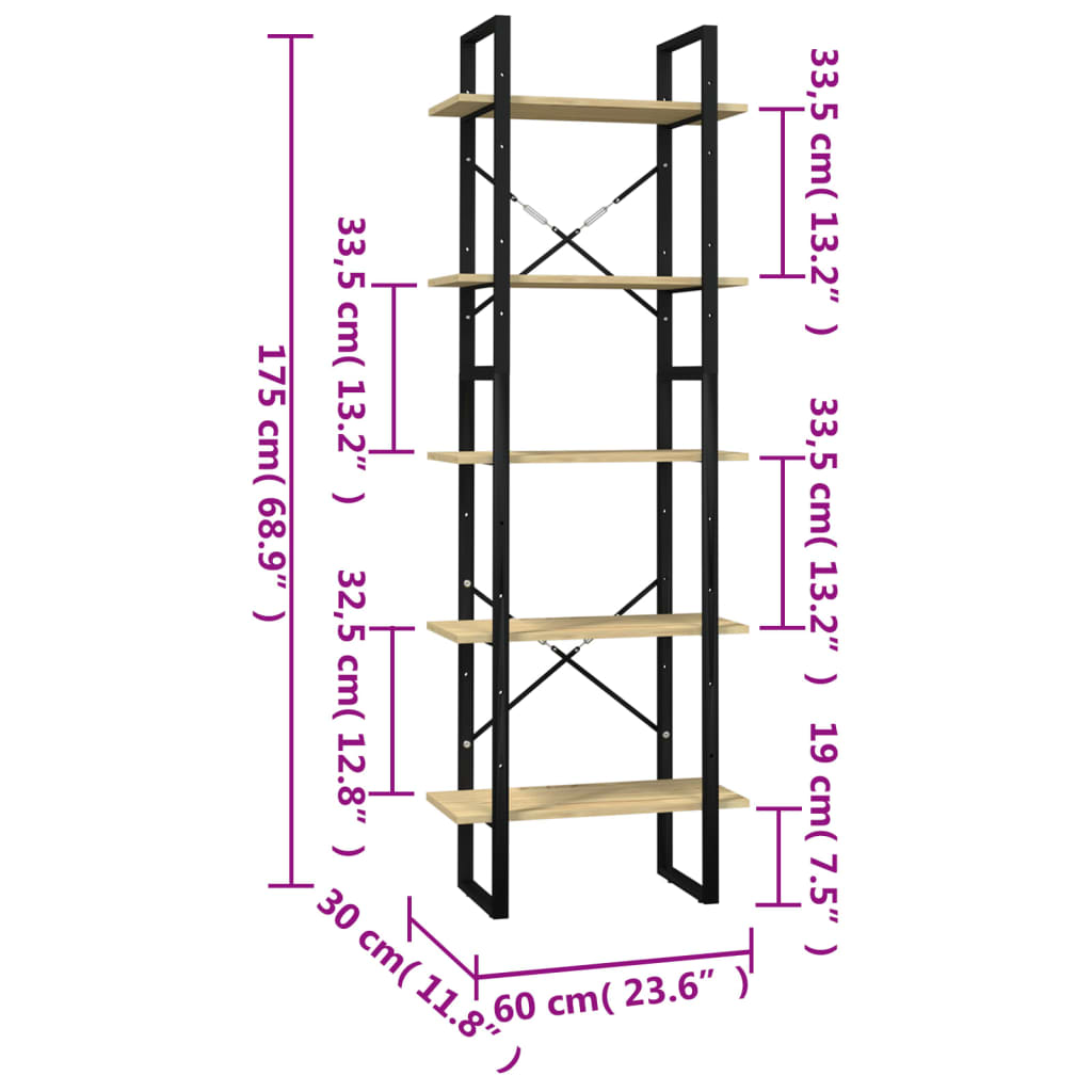 vidaXL 5-Tier Book Cabinet 60x30x175 cm Pinewood