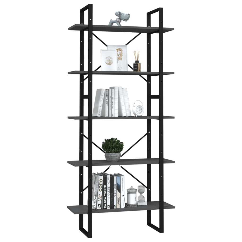 vidaXL 5-Tier Book Cabinet Grey 80x30x175 cm Engineered Wood