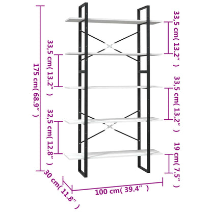 vidaXL 5-Tier Book Cabinet White 100x30x175 cm Pinewood