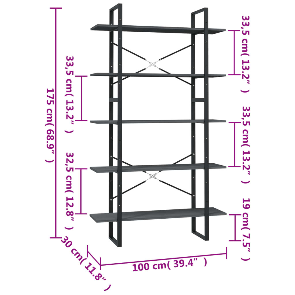 vidaXL 5-Tier Book Cabinet Grey 100x30x175 cm Pinewood
