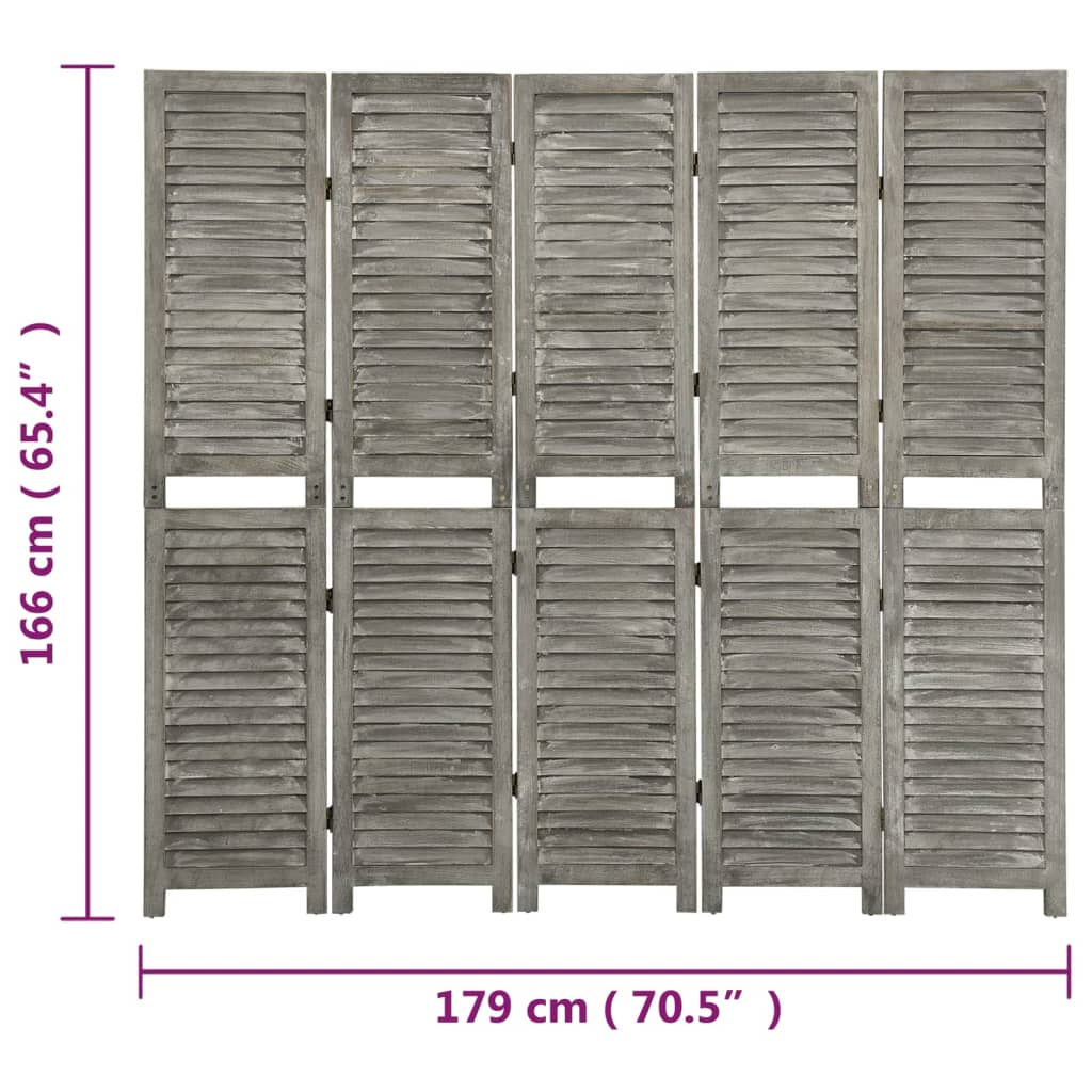 vidaXL 5-Panel Room Divider Grey 179x166 cm Solid Wood