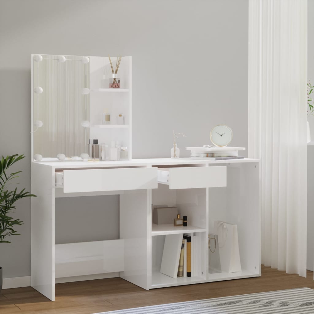 vidaXL LED Dressing Table With Cabinet | White | Engineered wood, acrylic