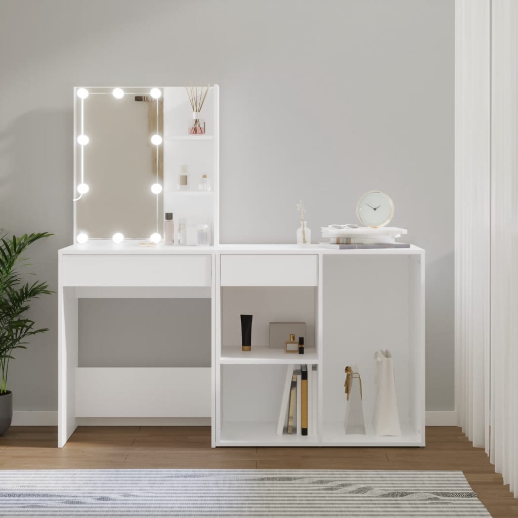 vidaXL LED Dressing Table With Cabinet | White | Engineered wood, acrylic