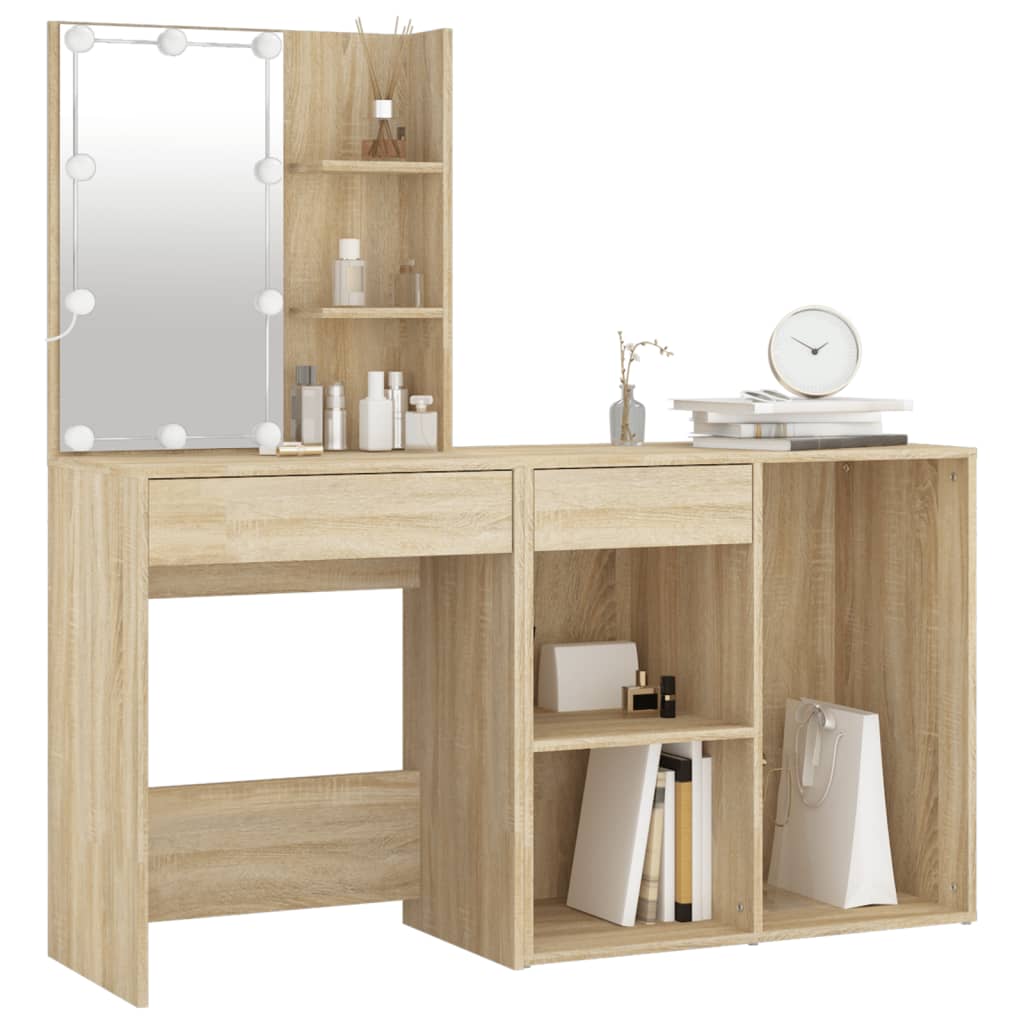 vidaXL LED Dressing Table With Cabinet | Sonoma oak | Engineered wood, acrylic