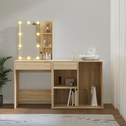 vidaXL LED Dressing Table With Cabinet | Sonoma oak | Engineered wood, acrylic