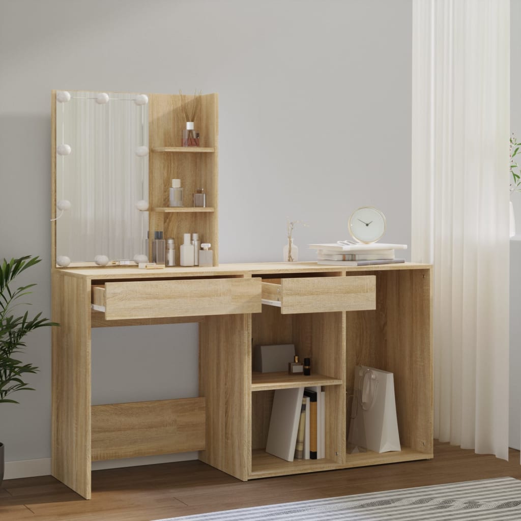 vidaXL LED Dressing Table With Cabinet | Sonoma oak | Engineered wood, acrylic