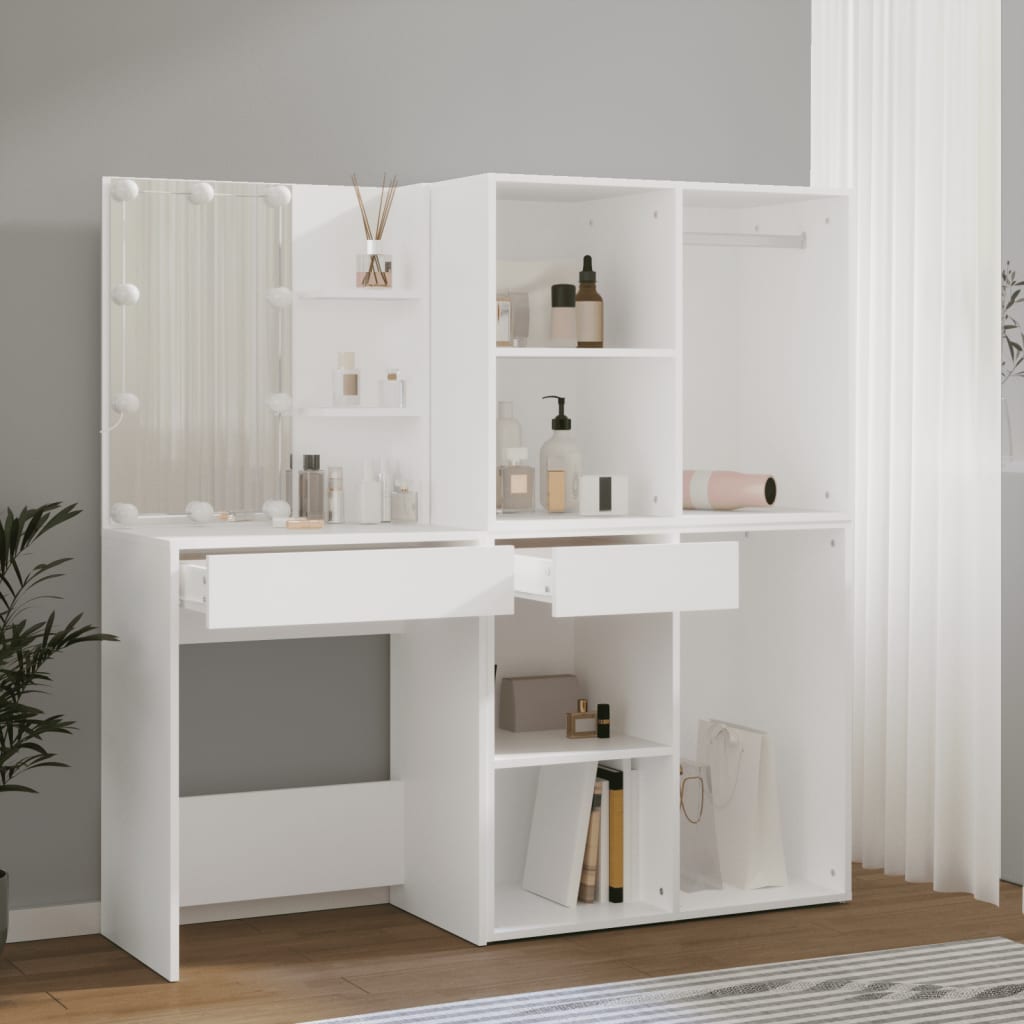 vidaXL LED Dressing Table With Cabinet | White | Engineered wood, acrylic