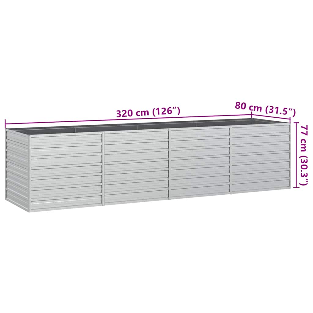 vidaXL Garden Raised Bed 320x80x77 cm Galvanized Steel Silver