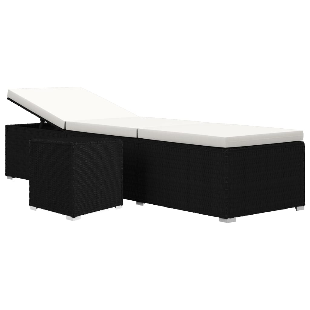 vidaXL Sun Lounger with Cushion and Tea Table Poly Rattan Black
