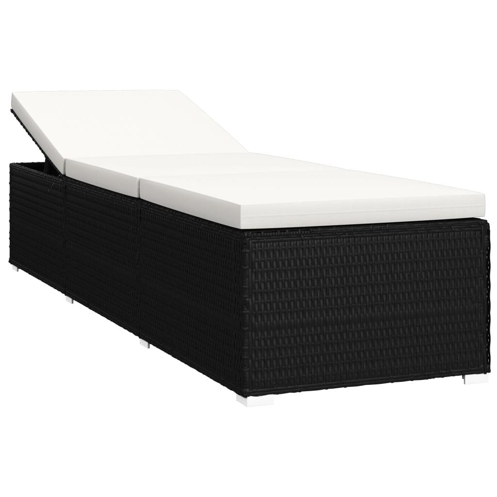 vidaXL Sun Lounger with Cushion and Tea Table Poly Rattan Black