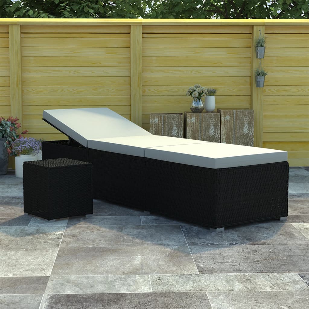 vidaXL Sun Lounger with Cushion and Tea Table Poly Rattan Black