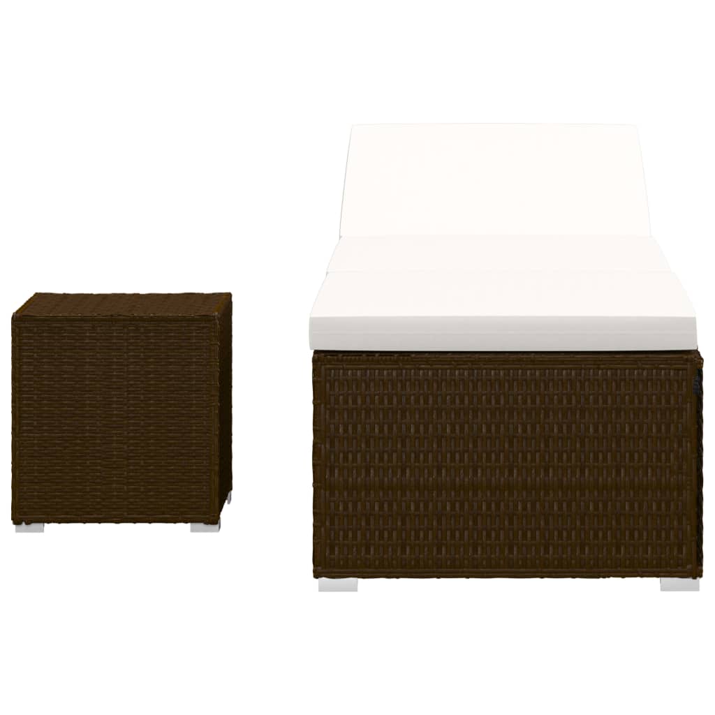 vidaXL Sun Lounger with Cushion and Tea Table Poly Rattan Brown