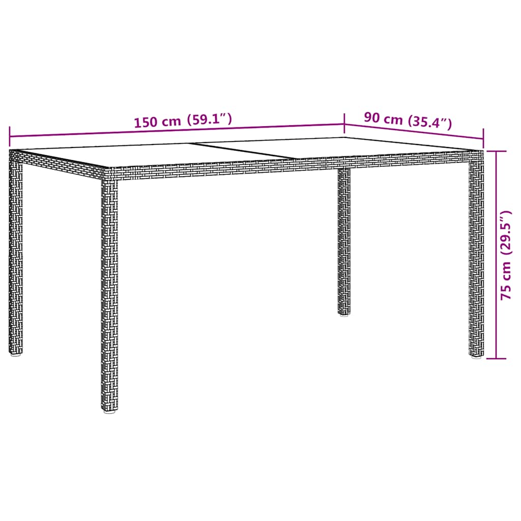 vidaXL Garden Table 150x90x75 cm Tempered Glass and Poly Rattan Beige