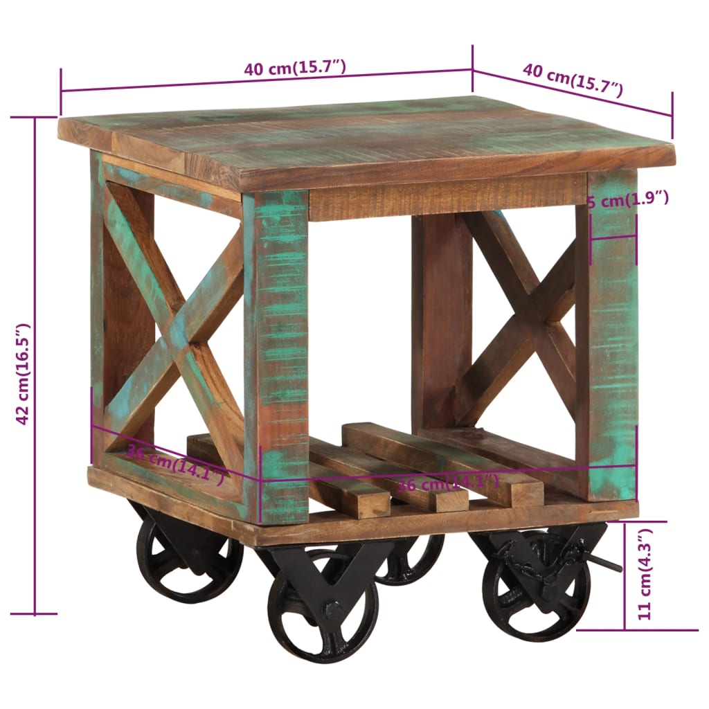 vidaXL Side Table with Wheels 40x40x42 cm Solid Wood Reclaimed