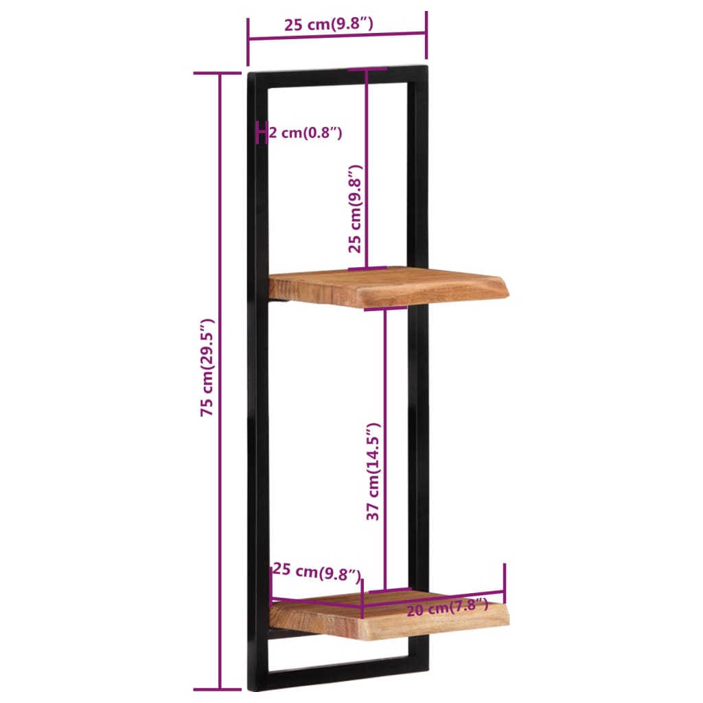 vidaXL Wall Shelves 2 pcs 25x25x75 cm Solid Wood Acacia and Steel