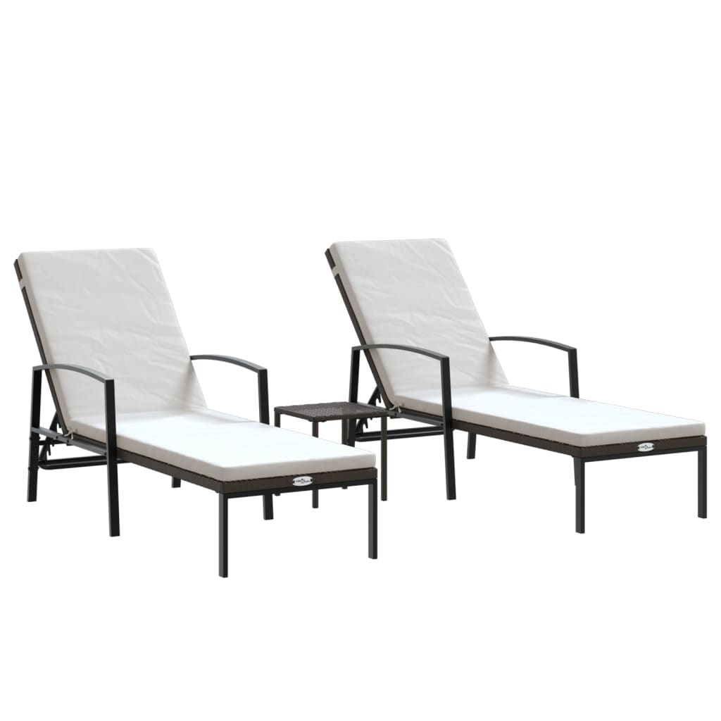 vidaXL Sun Loungers 2 pcs with Table Poly Rattan Brown