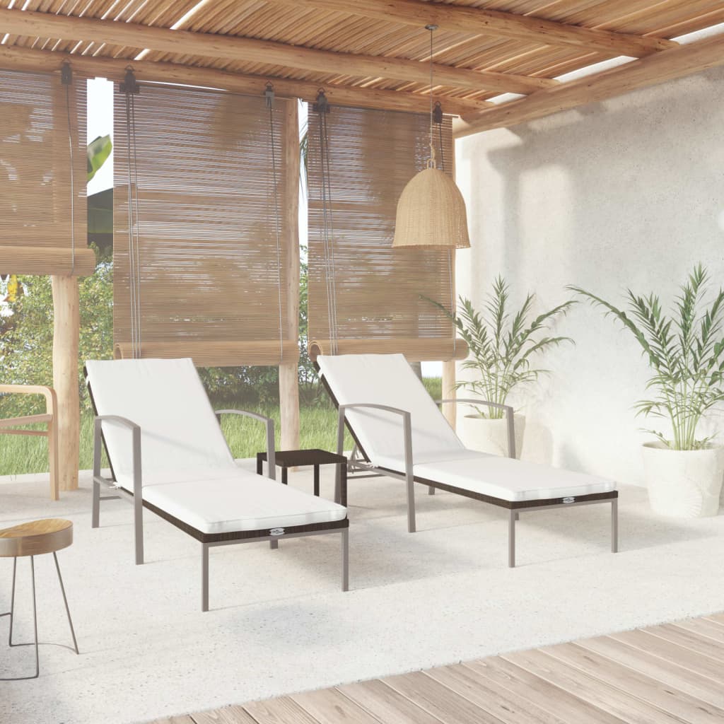 vidaXL Sun Loungers 2 pcs with Table Poly Rattan Brown