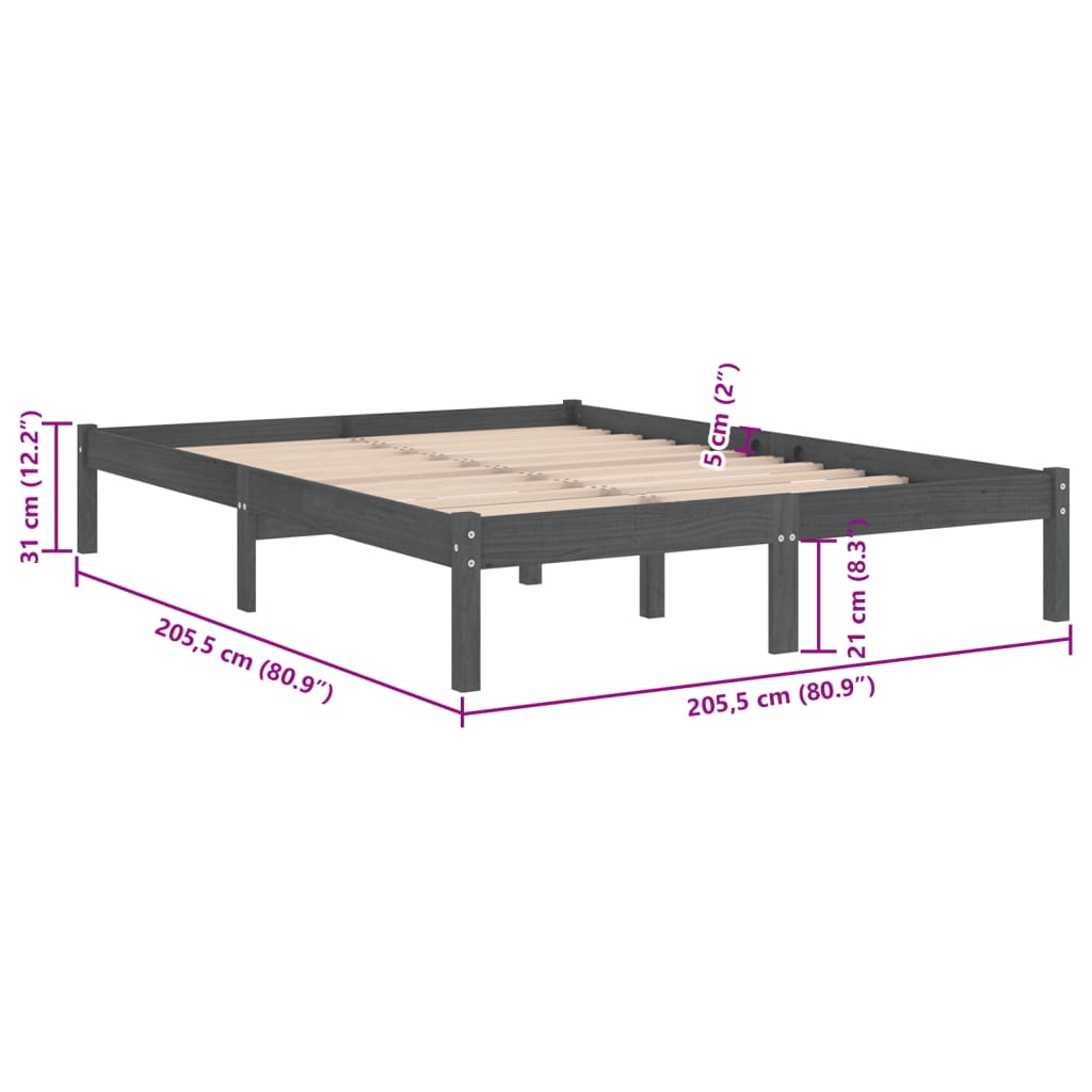 vidaXL Bed Frame | Grey | Solid pinewood | 200 x 200 cm | Durable | Bed Frame