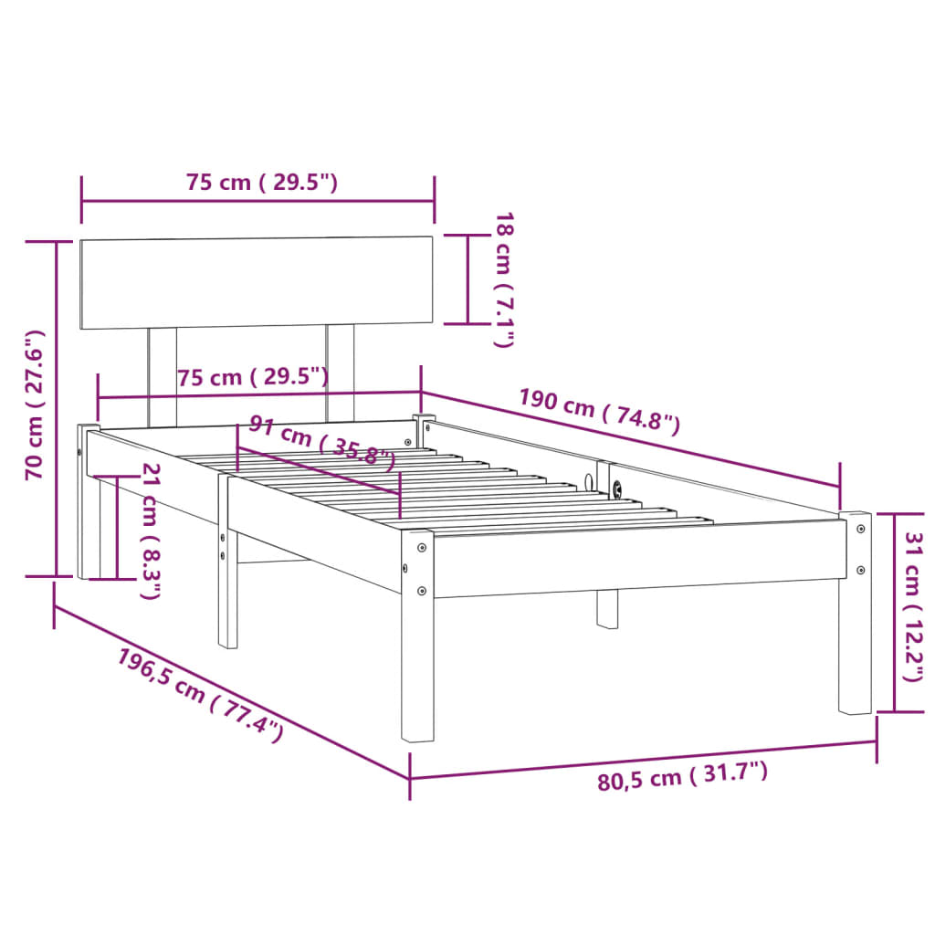 vidaXL Bed Frame | White | Solid Pinewood | Small Single | Durable  | Bed Frame