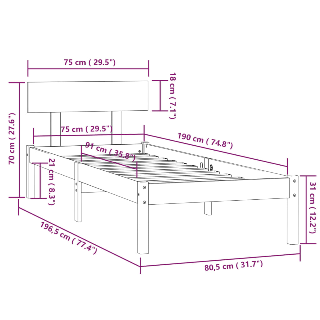 vidaXL Bed Frame | Black | Solid pine wood | Small Single | Bed Frame