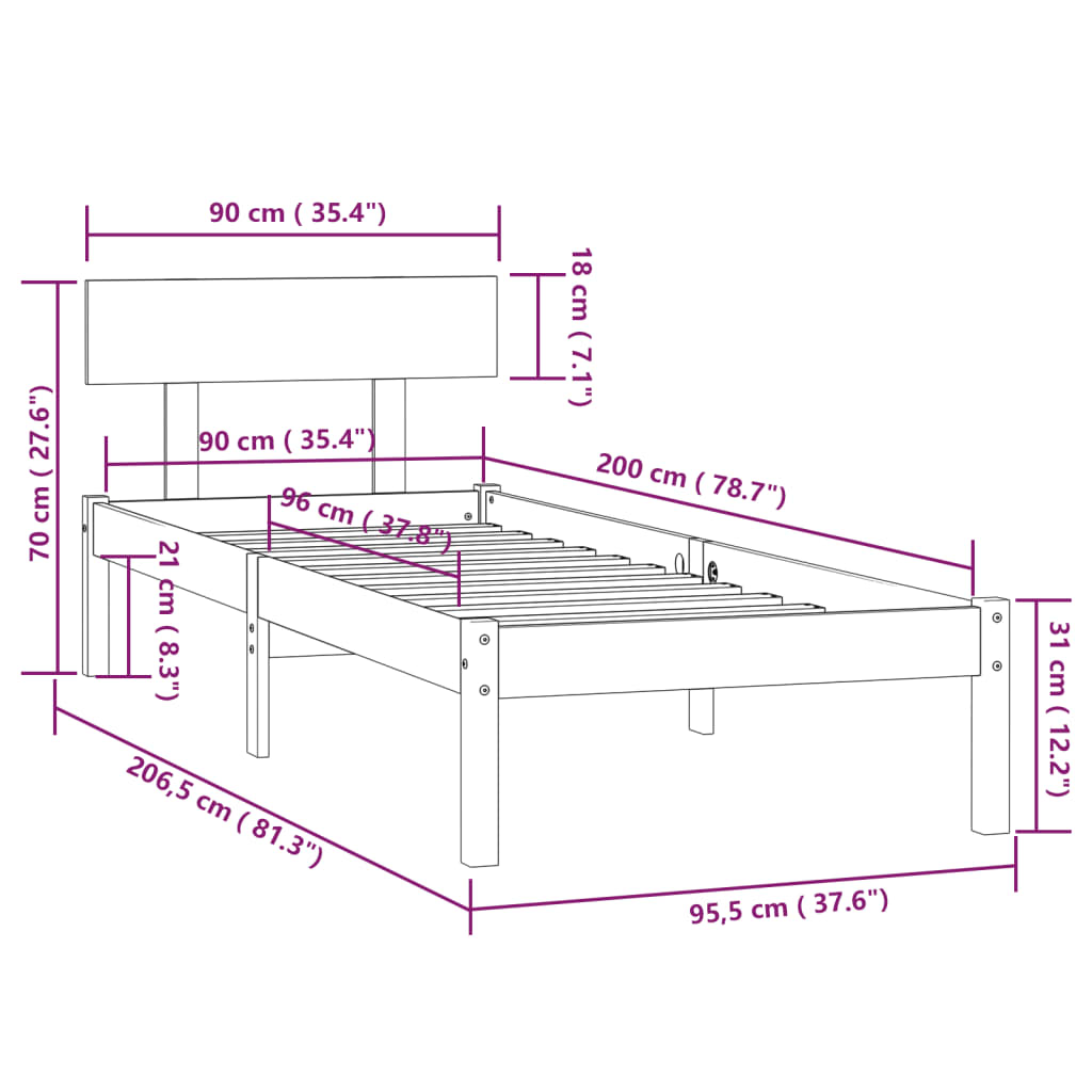 vidaXL Bed Frame | Black | Solid pinewood | Single | Durable | Bed Frame