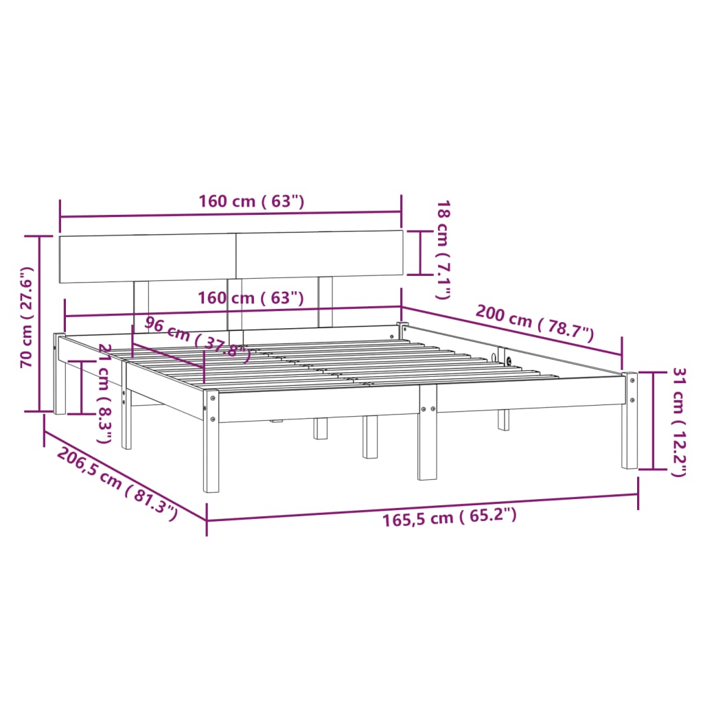 vidaXL Bed Frame without Mattress Black Solid Wood 160x200 cm