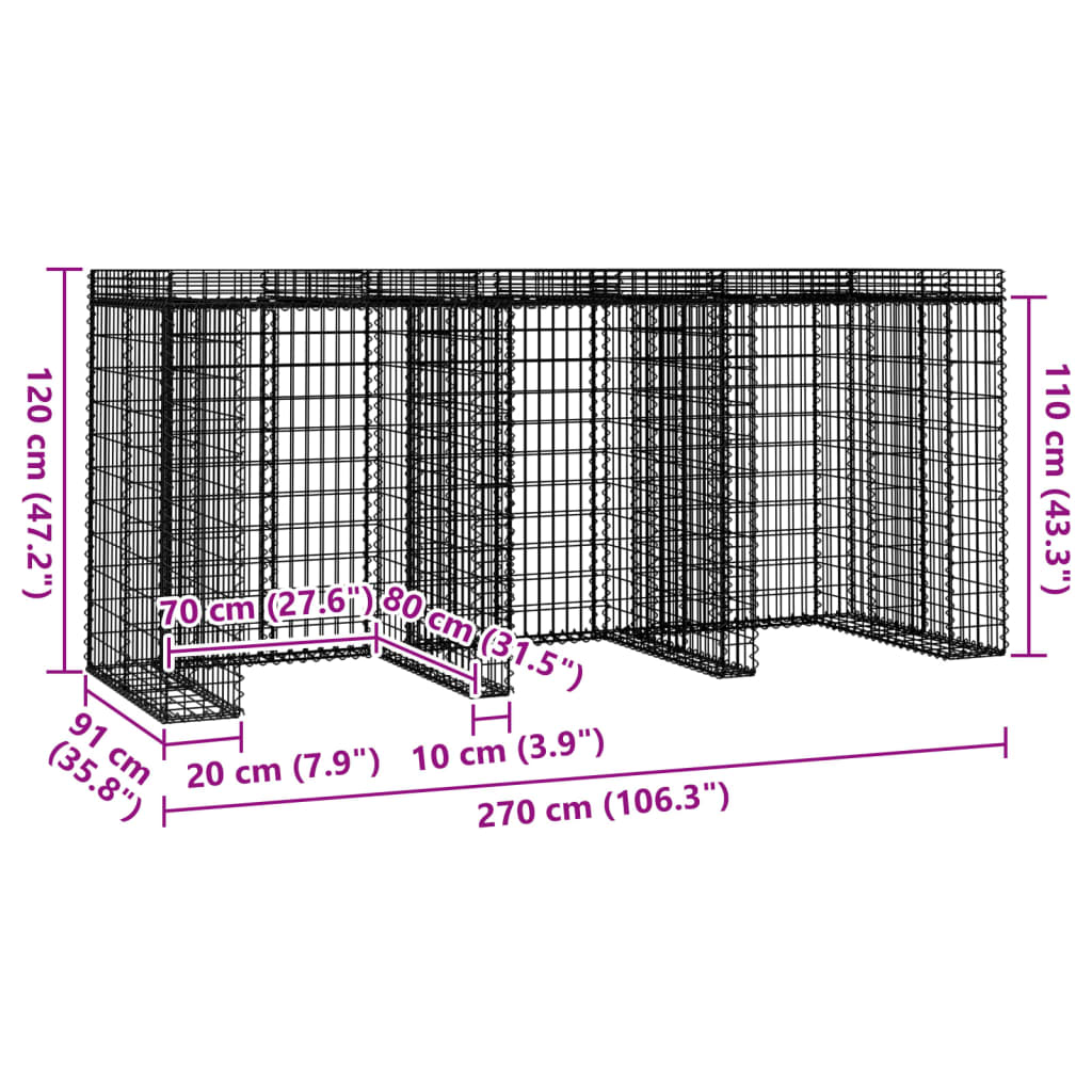 vidaXL Gabion Wall for Garbage Bin 270x91x120 cm Galvanised Iron