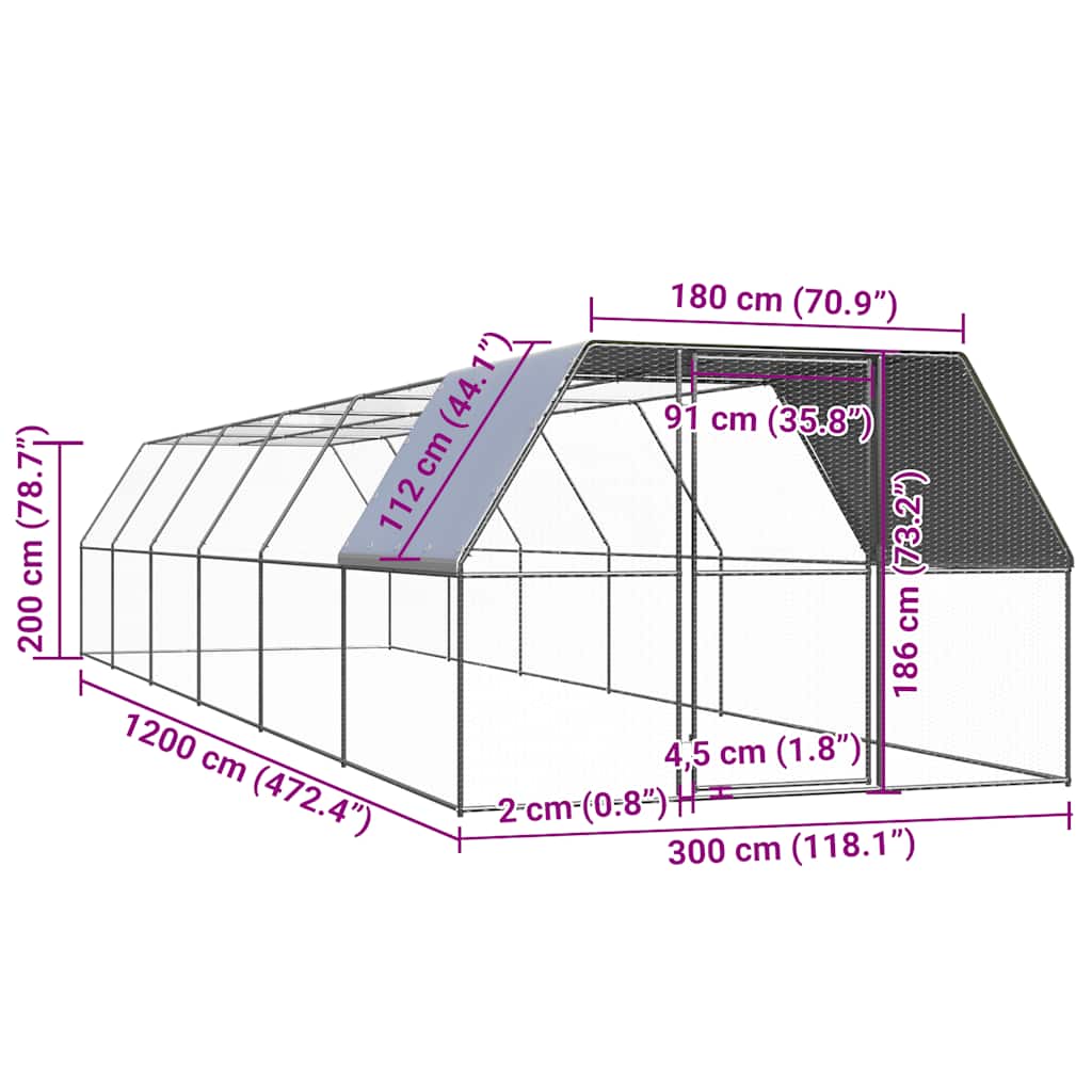 vidaXL Outdoor Chicken Cage 3x12x2 m Galvanised Steel