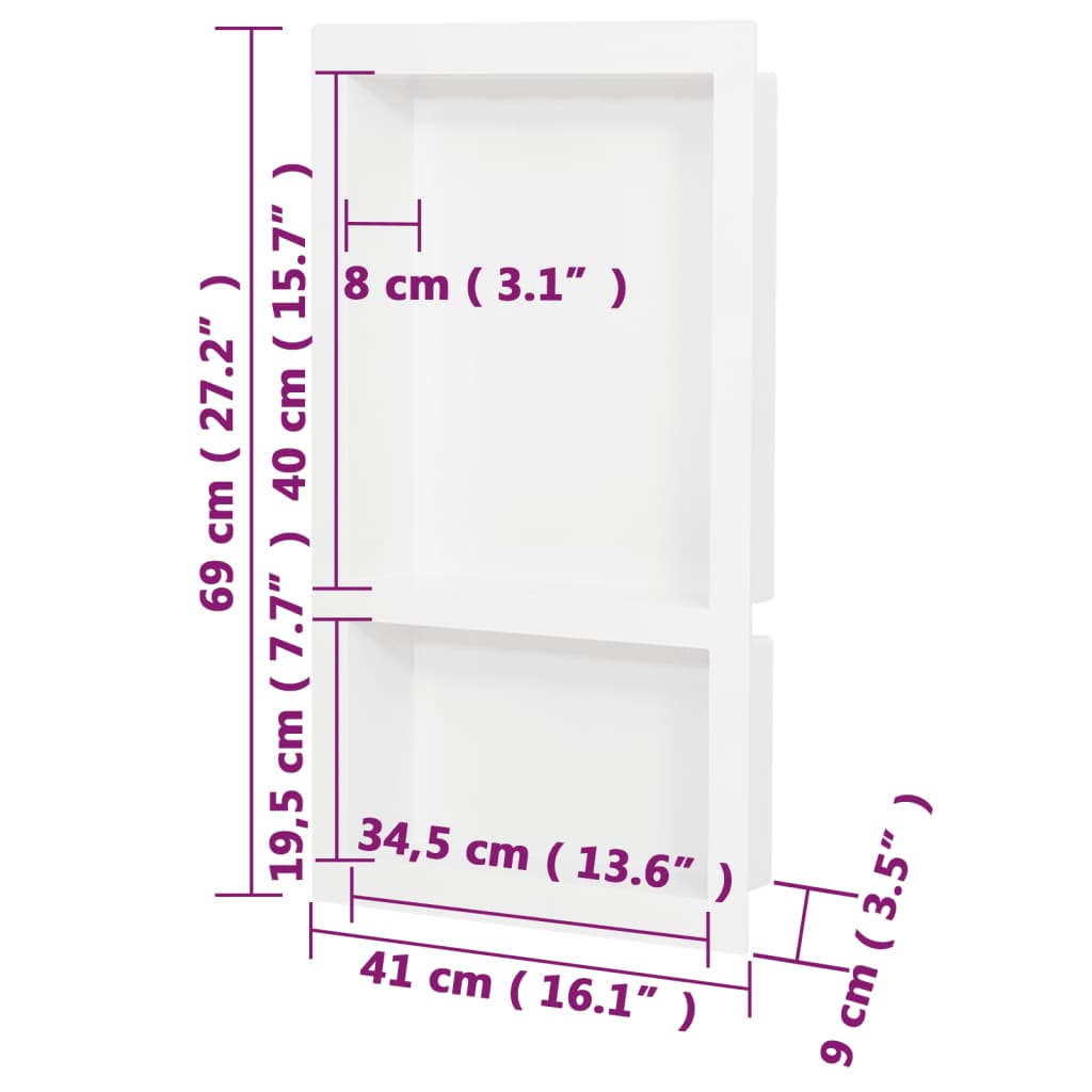 vidaXL Shower Niche with 2 Compartments High Gloss White 41x69x9 cm