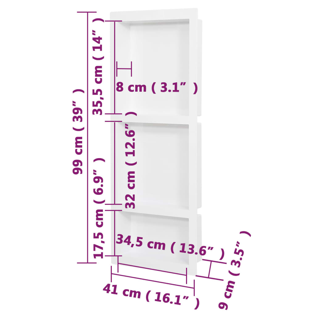 vidaXL Shower Niche with 3 Compartments High Gloss White 41x99x9 cm