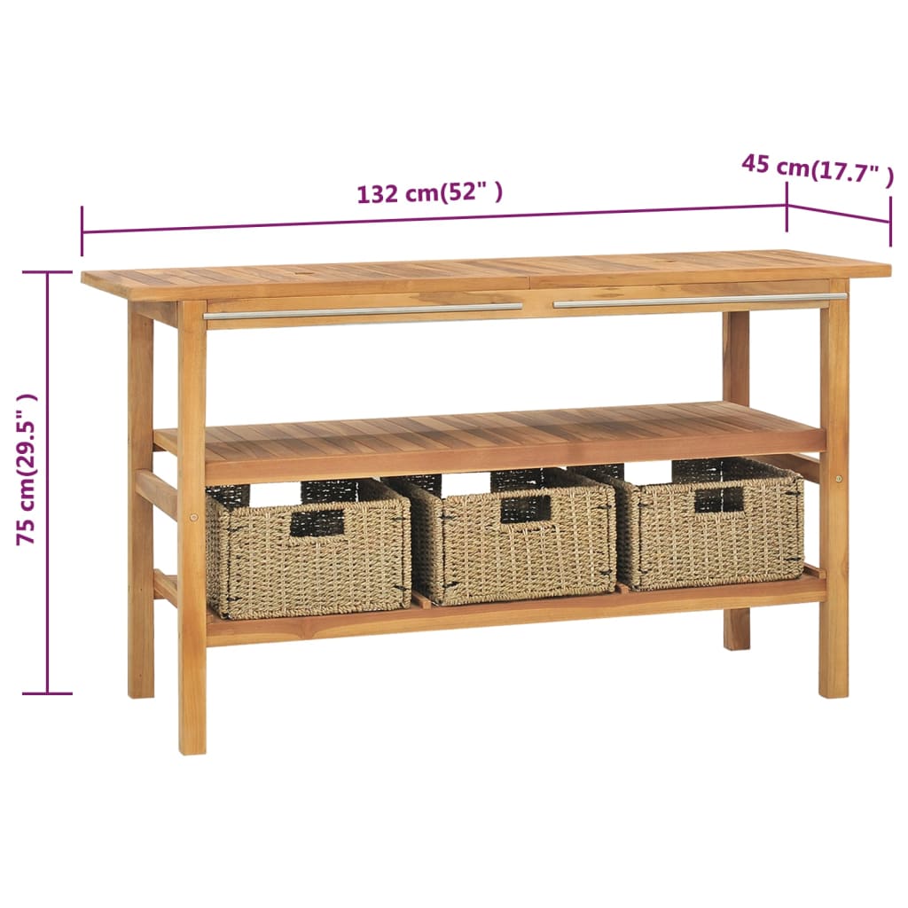 vidaXL Bathroom Vanity Cabinet with 3 Baskets Solid Wood Teak 132x45x75 cm