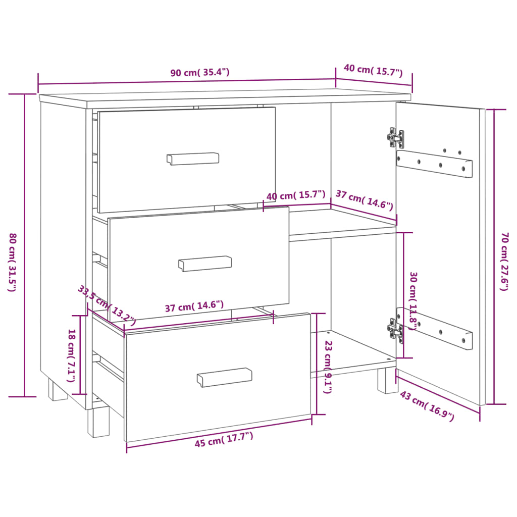 vidaXL Sideboard HAMAR White 90x40x80 cm Solid Pinewood