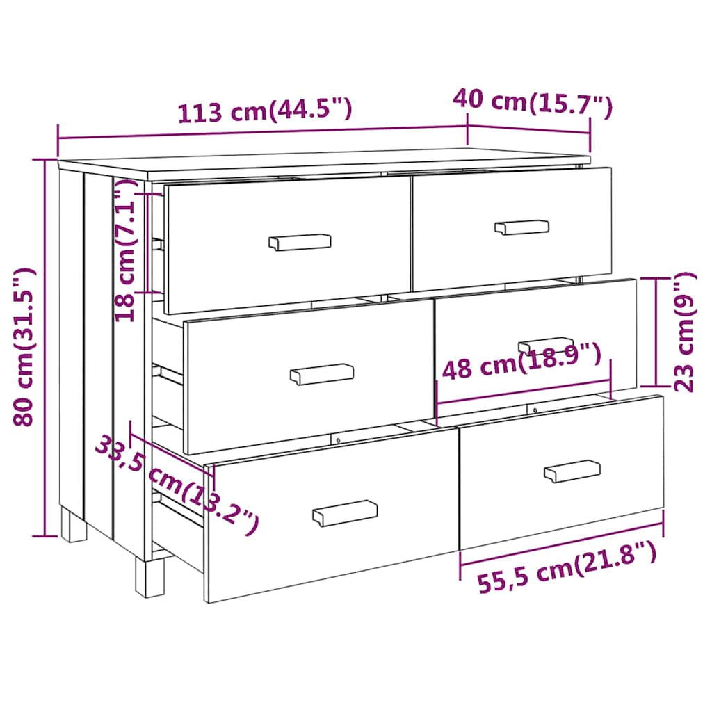 vidaXL Sideboard "HAMAR" White 113x40x80 cm Solid Wood Pine